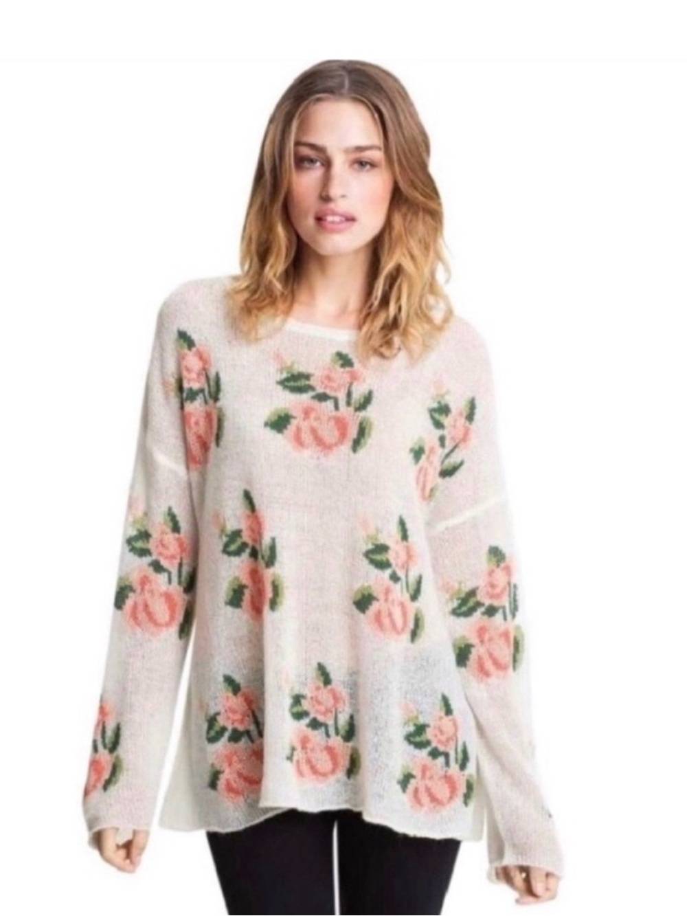 Wildfox White Label Intarsia Rose Flower Open Knit Sheer Sweater Small S Floral⁠